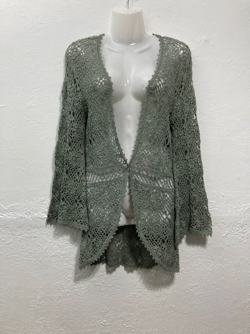 Karen Kane Crochet Cardigan Bell Sleeve Boho Romantic Y2K Sage Green M